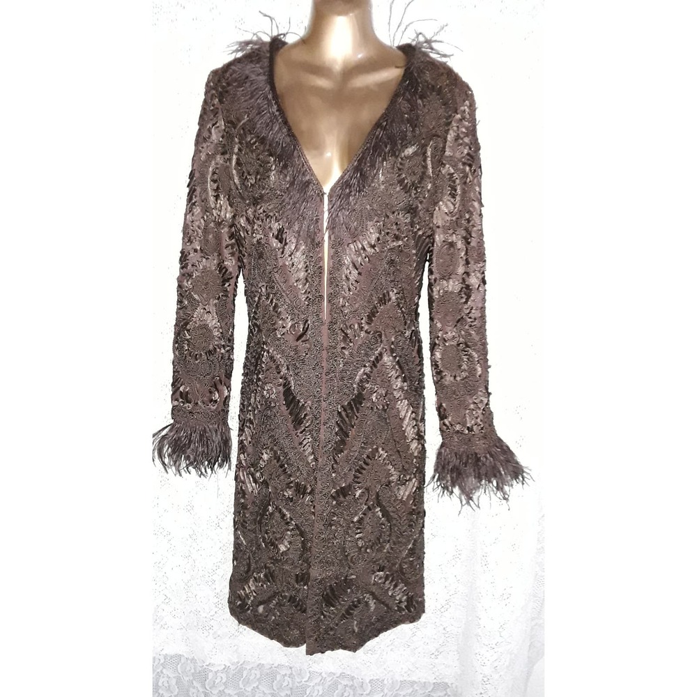 Sue Wong Sz 10 Old Hollywood Glam Soutache Ostrich Feather Evening Jacket